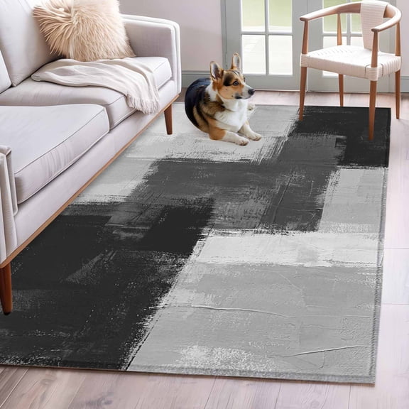 Area Rug for Living Room, Black Abstract Non-Slip Indoor Large Carpet for Bedroom/Dining Room, Grey Geometric Oil Painting Vintage Ombre Washable Rectangle Floor Mat Runner Rugs - 3 x 5 Ft