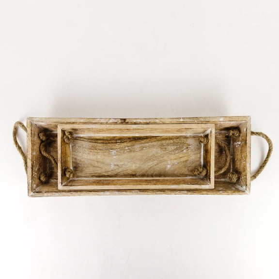 Mango Wood Nested Trays Set Of 2, Natural/White