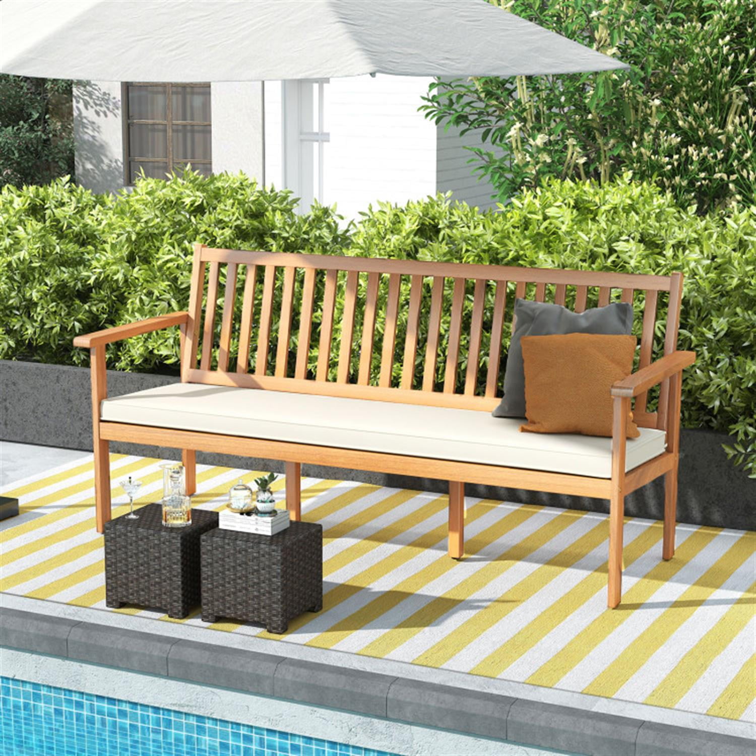 Demi Bonn 3-Seat Wood Outdoor Bench with Seat Cushion and Slatted Seat, Conversation Dining Bench for Garden Poolside Balcony, Beige