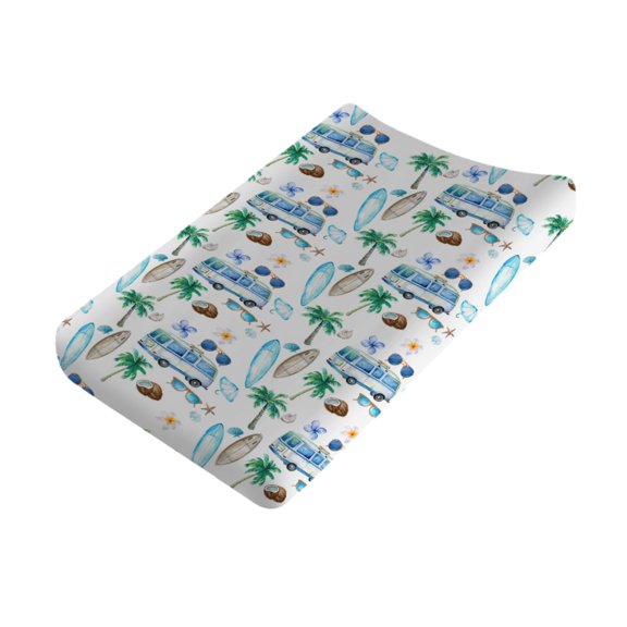 Watercolor Summer Beach Changing Pad Covers Beach Bus Boho Floral Coconut Trees Surfboard Diaper Changing Table Sheets for Boy Girl Soft Stretchy Change Table Mats 32''x16''