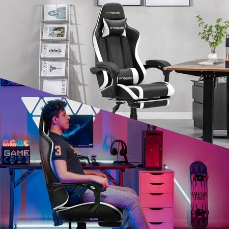GTRACING ERGONOMIC GTWD-200 GAMING AND OFFICE CHAIR WITH ADJUSTABLE PILLOWS AND FOOTREST, WHITE