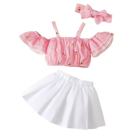 

XIEULQP Summer Dress Preschool Children s Short Sleeved Floral Stripe Printed top Pure White Skirt Set Suitable for Babies From 3 to 24 Months Old Flower Girl Dress Pink
