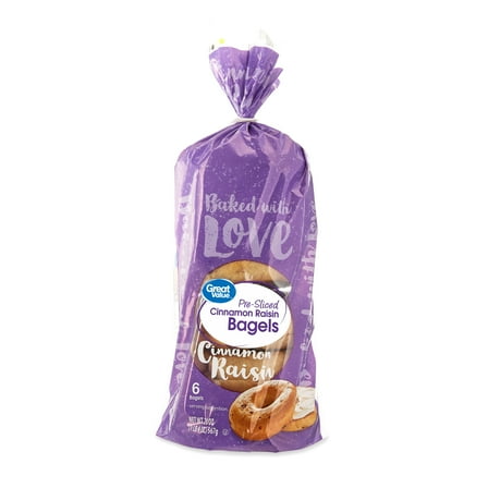 Great Value Pre-Sliced Cinnamon Raisin Bagels, 20 oz, 6 Count