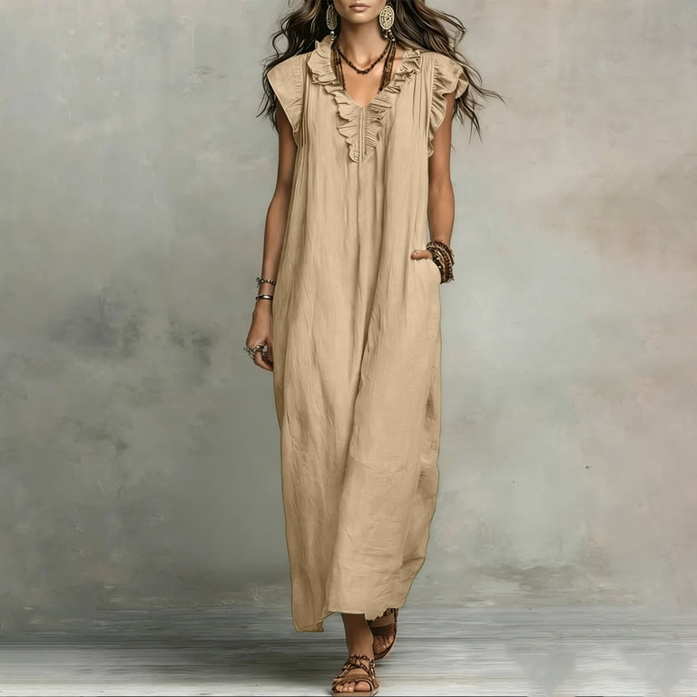 beige frill sleeve women summer maxi dress Vbvc Women's Ruffle V Neck Maxi Dress , Casual Summer Beach Dress For Women , Ladies' Flutter Sleeve Loose Long Dress with Pockets,Beige,S-2XL, Size: