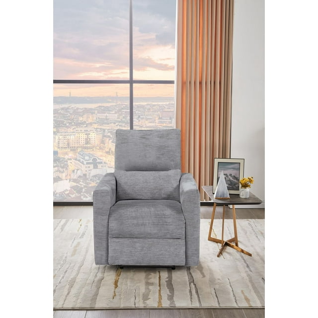 K-Living Edyn Power Recliner Chair in Dove Color and Lucie Fabric front-facing in a living room with cityscape view, featuring soft grey Lucie fabric upholstery, ergonomic support with padded arms and high backrest, ideal for living room seating and relaxation.