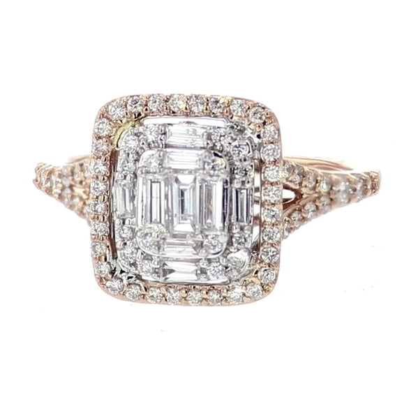 14K Rose Gold Engagement Ring With Large Rectangular Halo Baguette Cut Center Diamonds 0.75ctw