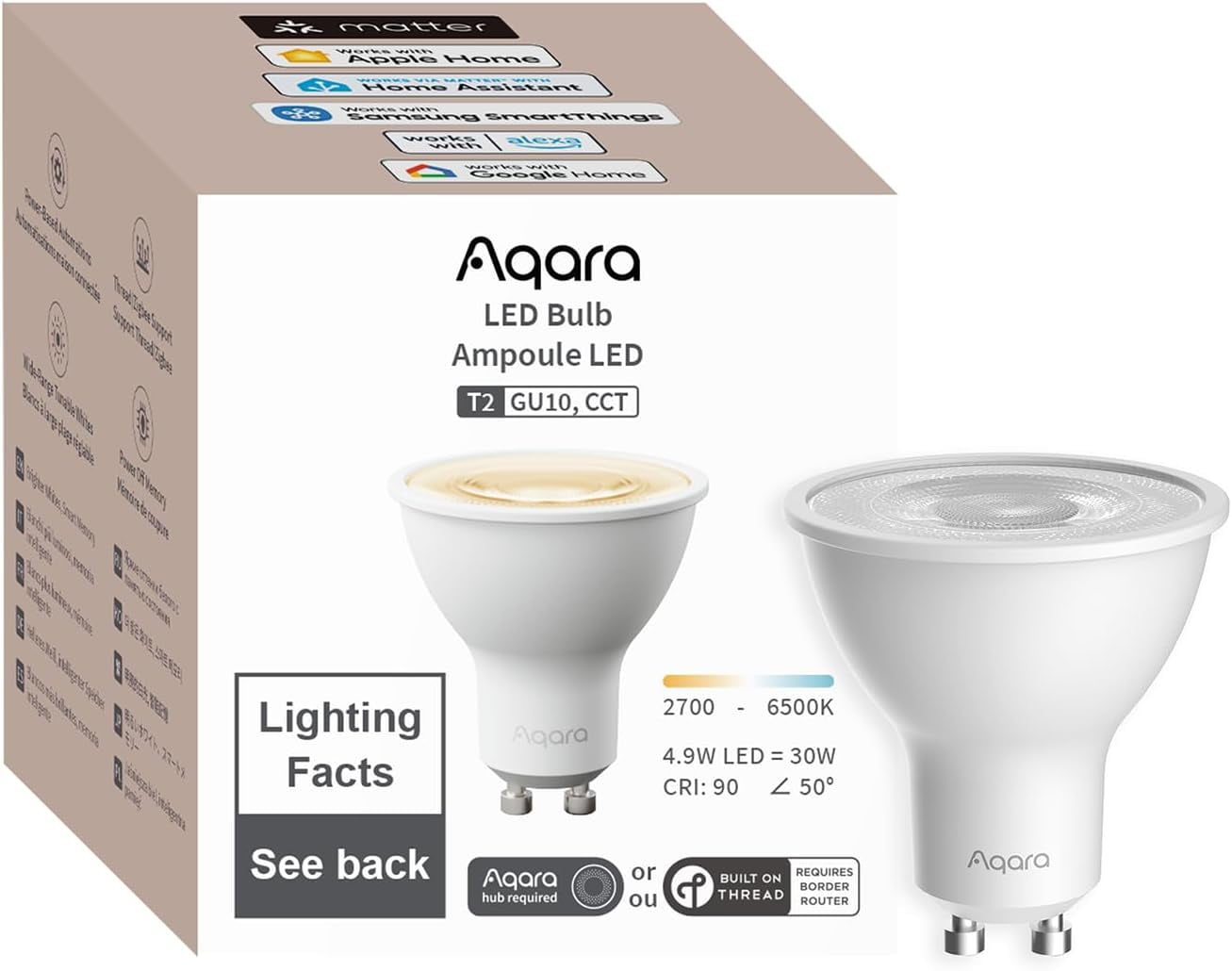 FEFEFW-Thread/Zigbee Smart LED Light Bulb T2 GU10, Tunable White (2700K-6500K),Matter,Works with HomeKit, Alexa, Google