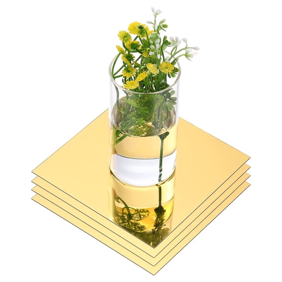 Uxcell 4 Pack 6 Inch Mirror Centerpieces for Tables, Square Mirrors for Centerpieces Self Adhesive Acrylic for Wedding, Gold