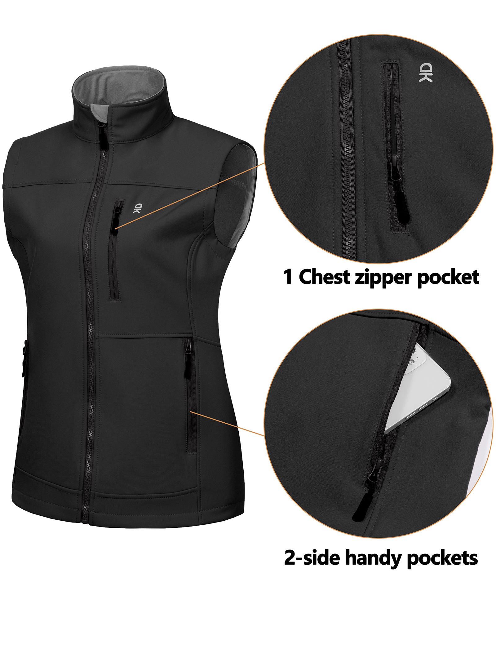 Little Donkey Andy Lightweight Softshell Vest for Women Fleece Lined Outerwear Zip Up Sleeveless Casual Windbreaker Jacket for Golf Hiking Running Jogging Outdoor Travel, Black Large