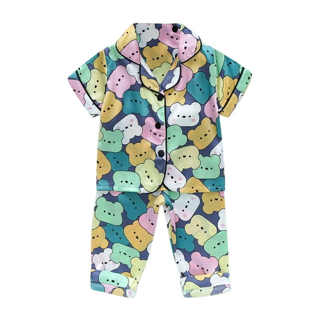 WEIYLL Ensembles de Pyjama pour Filles Été Imprimés de Dessins Animés Manches Courtes Col Rabattu Boutons Hauts Pantalons Confortables Doux 3 Pcs Ensemble de Nuit