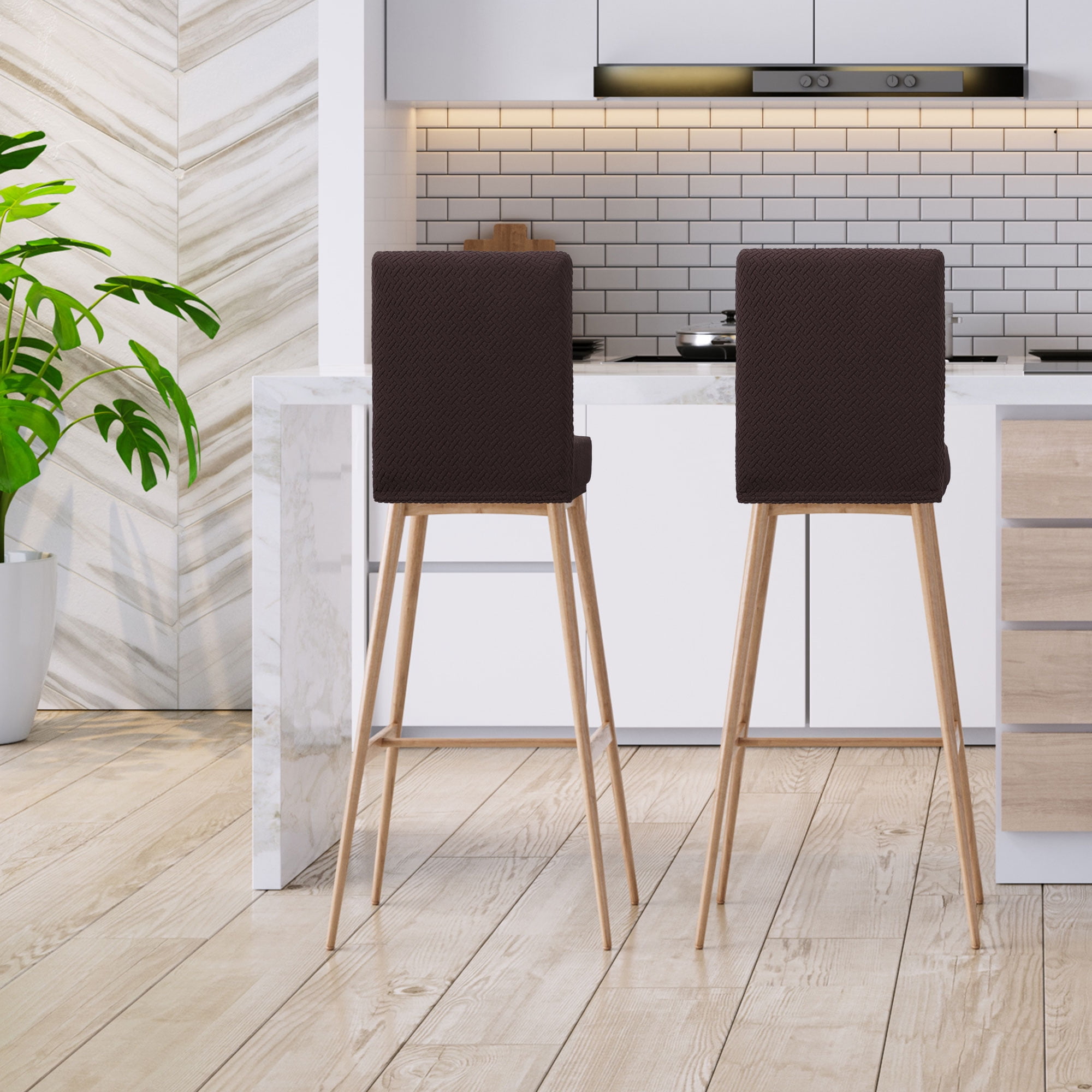 Unique Bargains Bar Stool Covers for Bar Counter Short Back Chair Slipcovers Dark Brown 2 Pcs