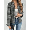 thumbnail image 2 of 2025 Fall Women's Tweed Plaid Blazer Jacket - Open Front Stand Collar Fully Lined Casual Fashion Elegant Work Coat, 2 of 9