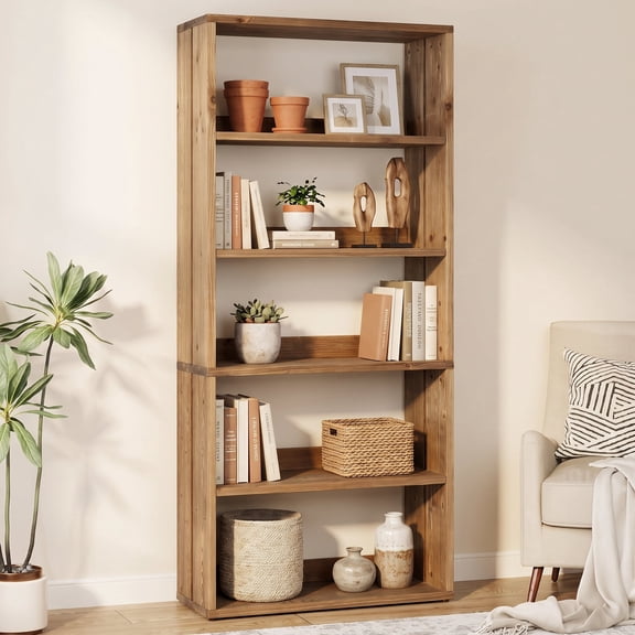 Fnova 70.8" Solid Wood Bookshelf, 5 Tier Farmhouse Bookcase with Open Storage Shelves, Freestanding Bookcase for Living Room, Bedroom, Home Office, Brown