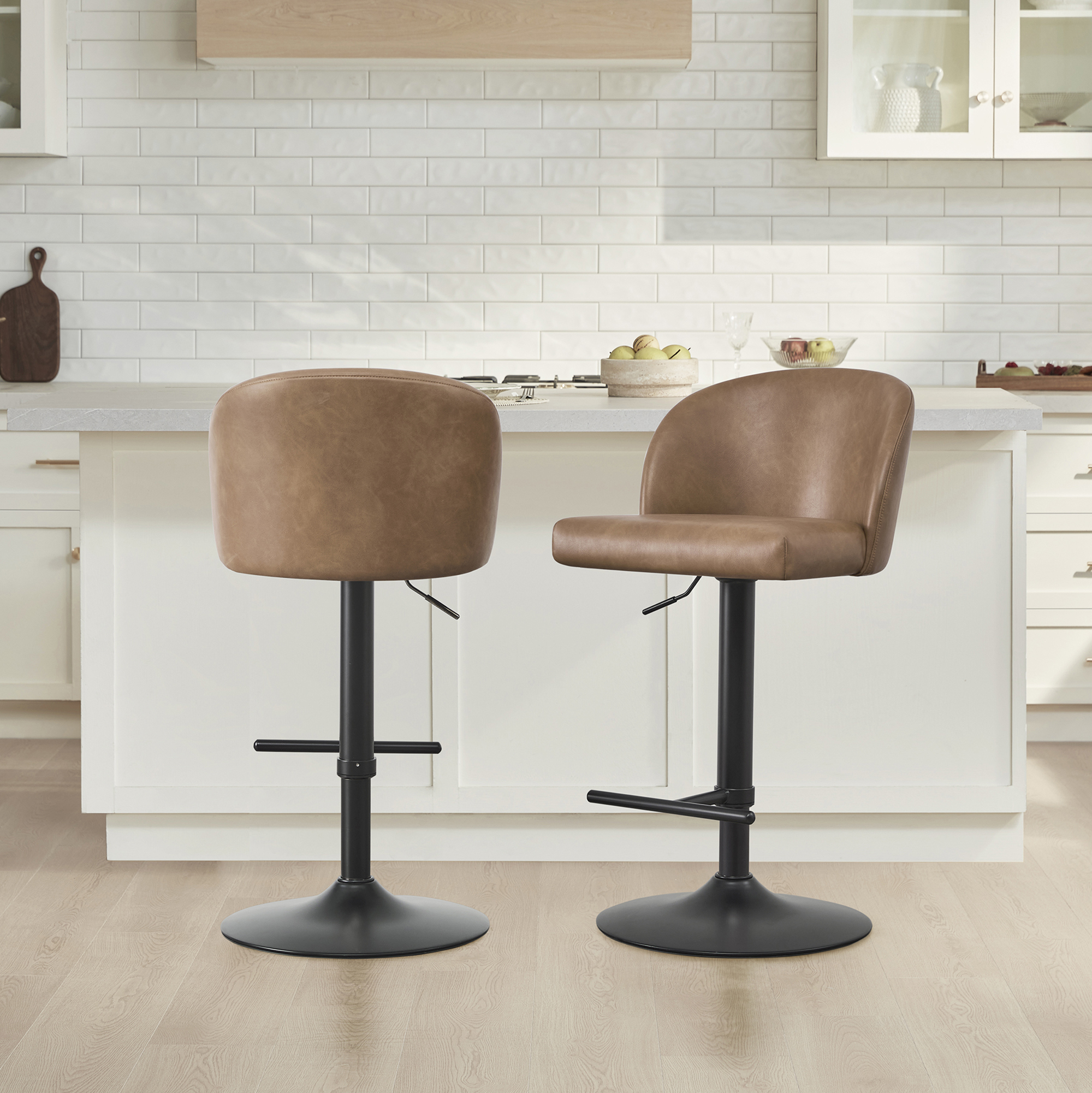 Spruce & Spring Modern Adjustable Swivel Bar Stool with Air-Lift Set of 3, Cognac with Black Frame
