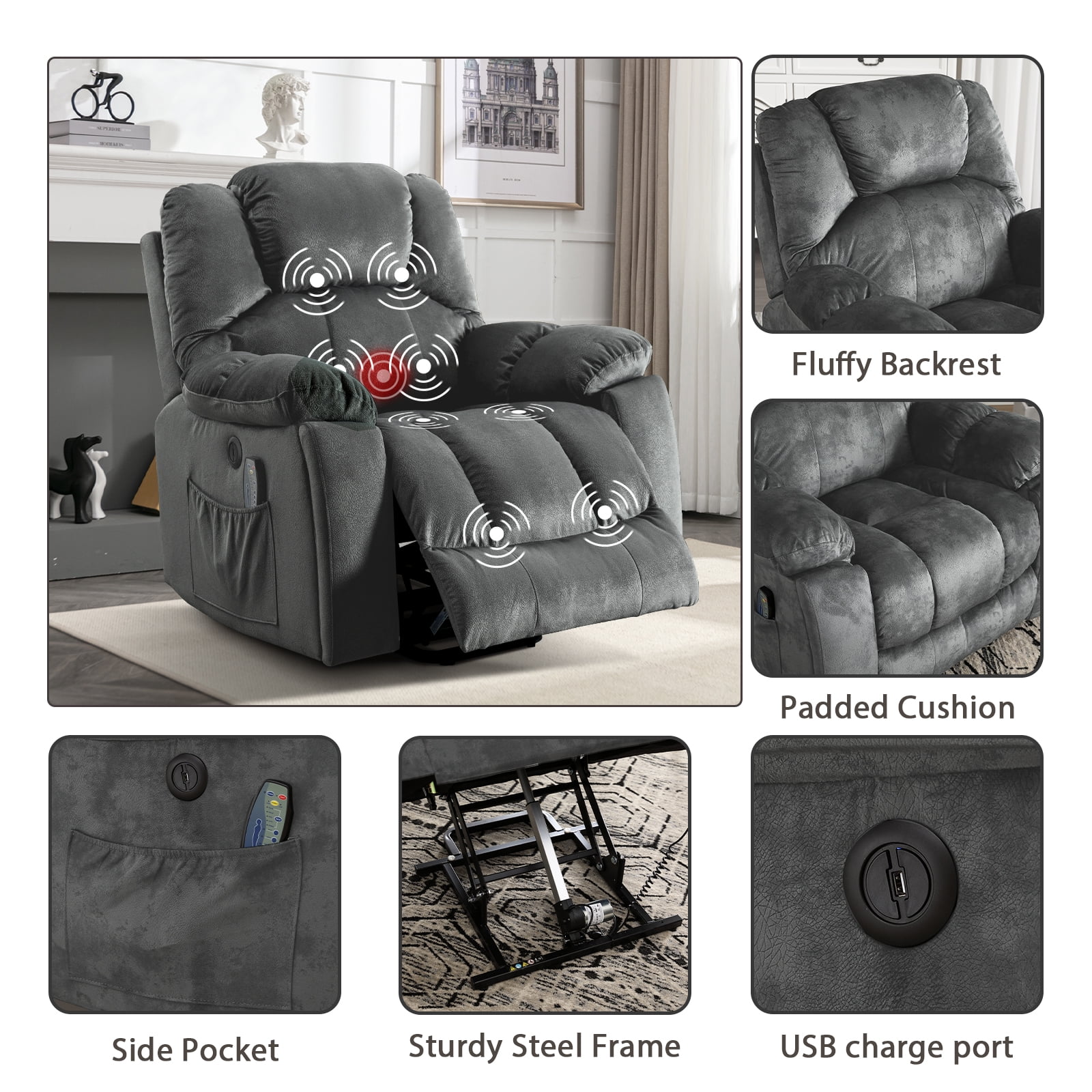 Bonzy Home Power Lift Recliner,Elderly Lift Chair with Heat Therapy and Massage Function,Remote Control,Side Pocket,Living Room, Gray