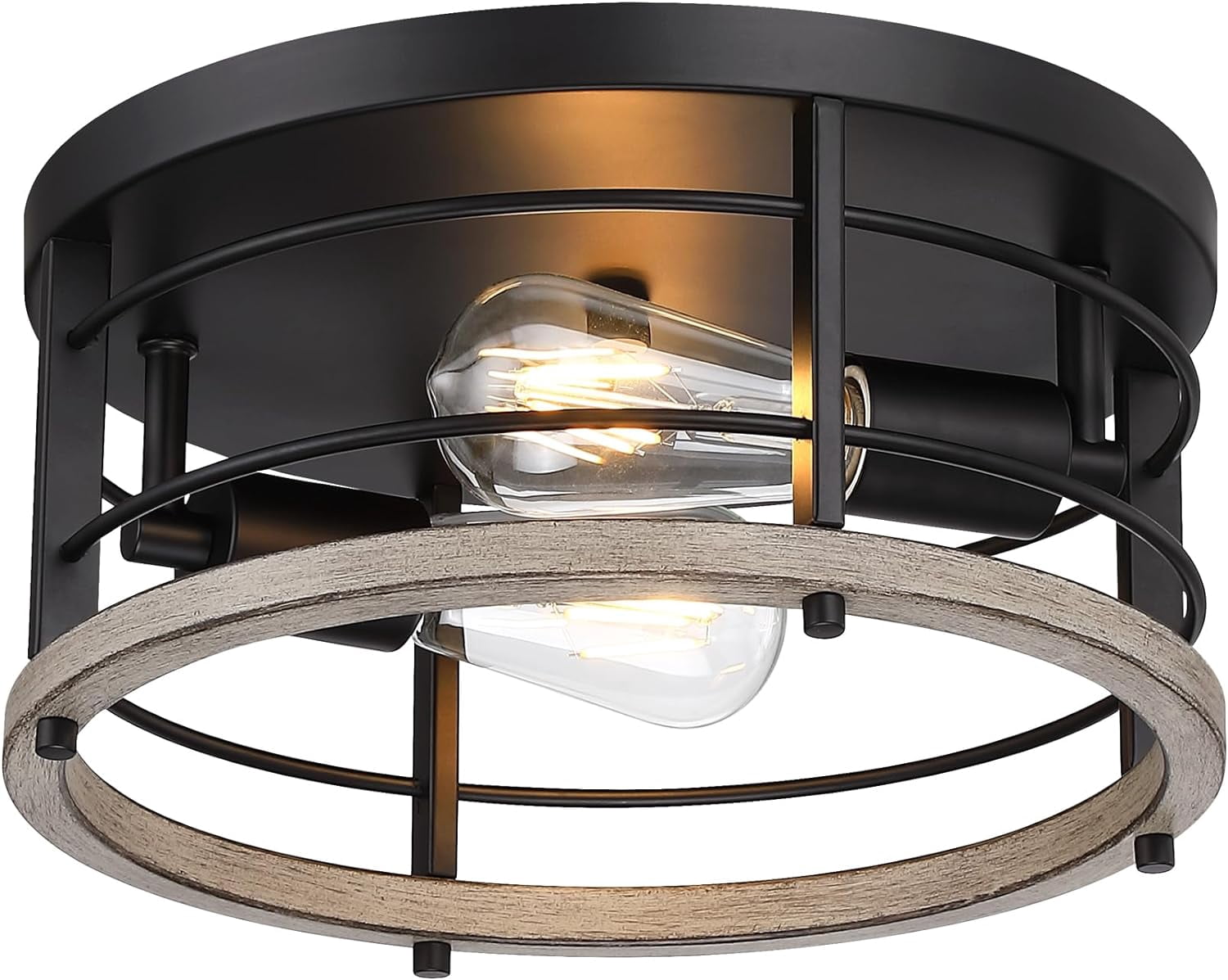 Revtronic 2-Light Flush Mount Ceiling Light Fixture, Farmhouse Light for Kitchen Bedroom, Matte Black and Wood Finish