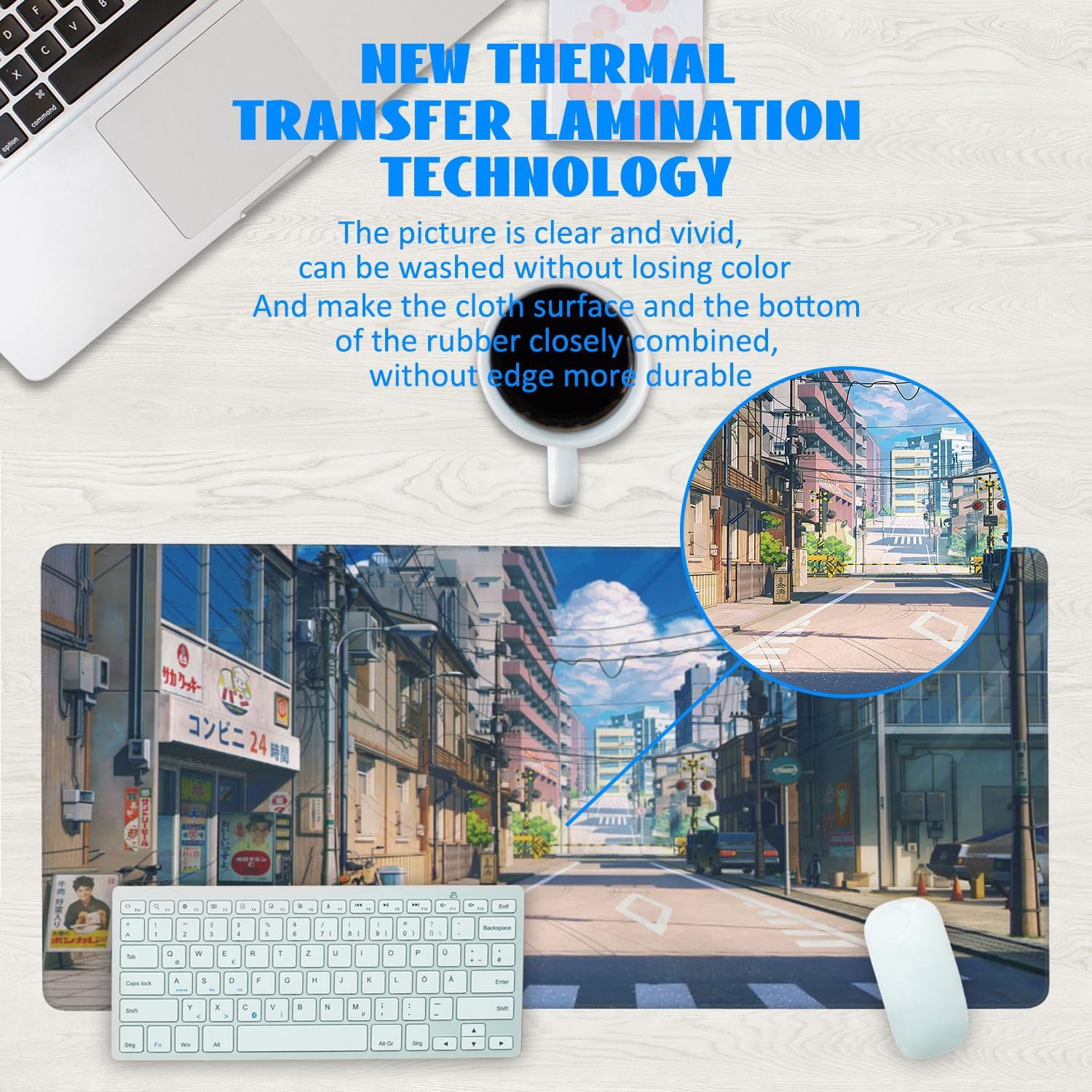 Desk Mat, Anime Summer Street Scenery Extended Gaming Mouse Pad Large, 35.4"x15.7" Big Mouse Pad with Non-Slip Base and Stitched Edge, Long Computer Keyboard Mouse Mat for Home Office Work