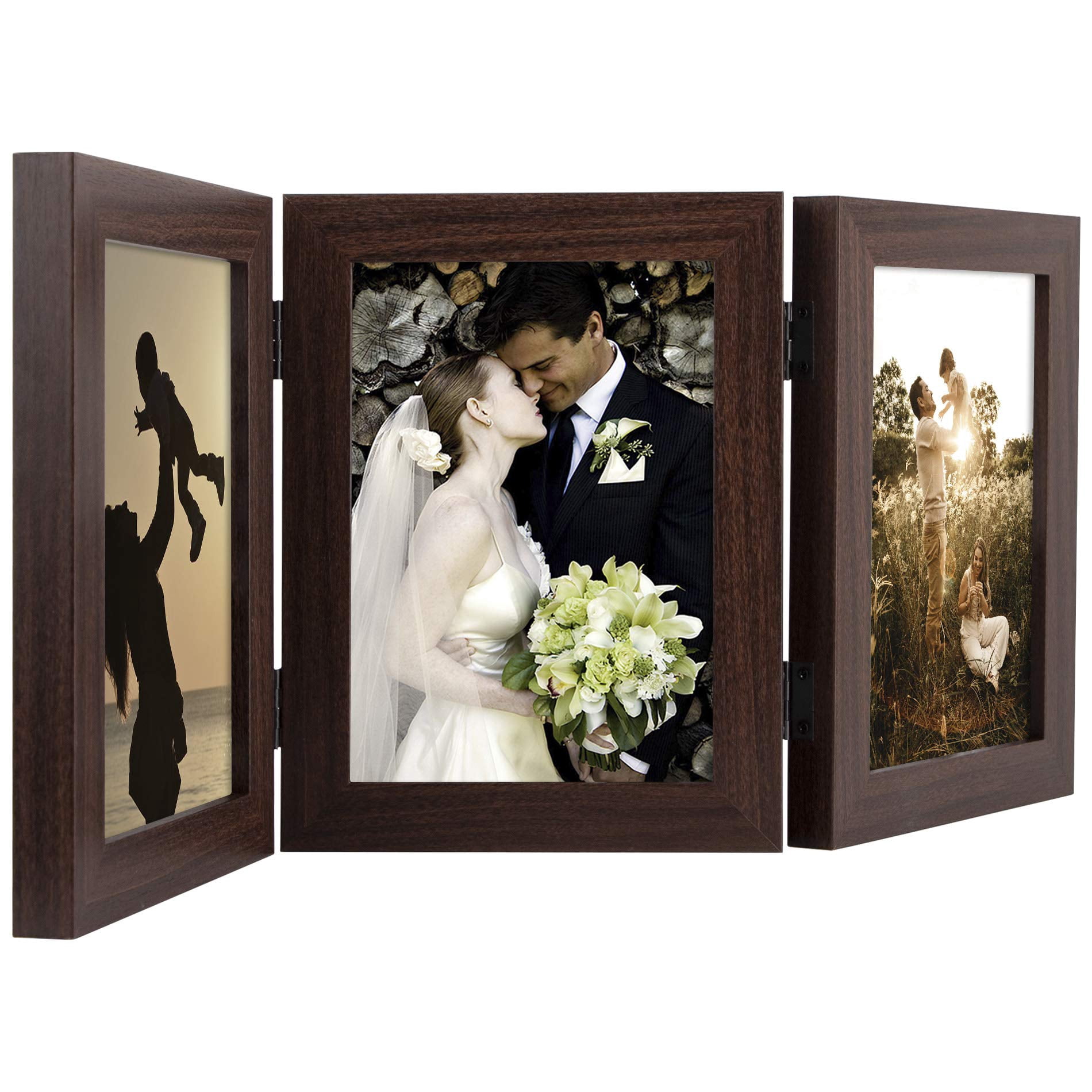 Golden State Art 3-Opening 5x7 Desk Top Hinged Family Decor Collage Picture Frame, Brown, 1-Pack