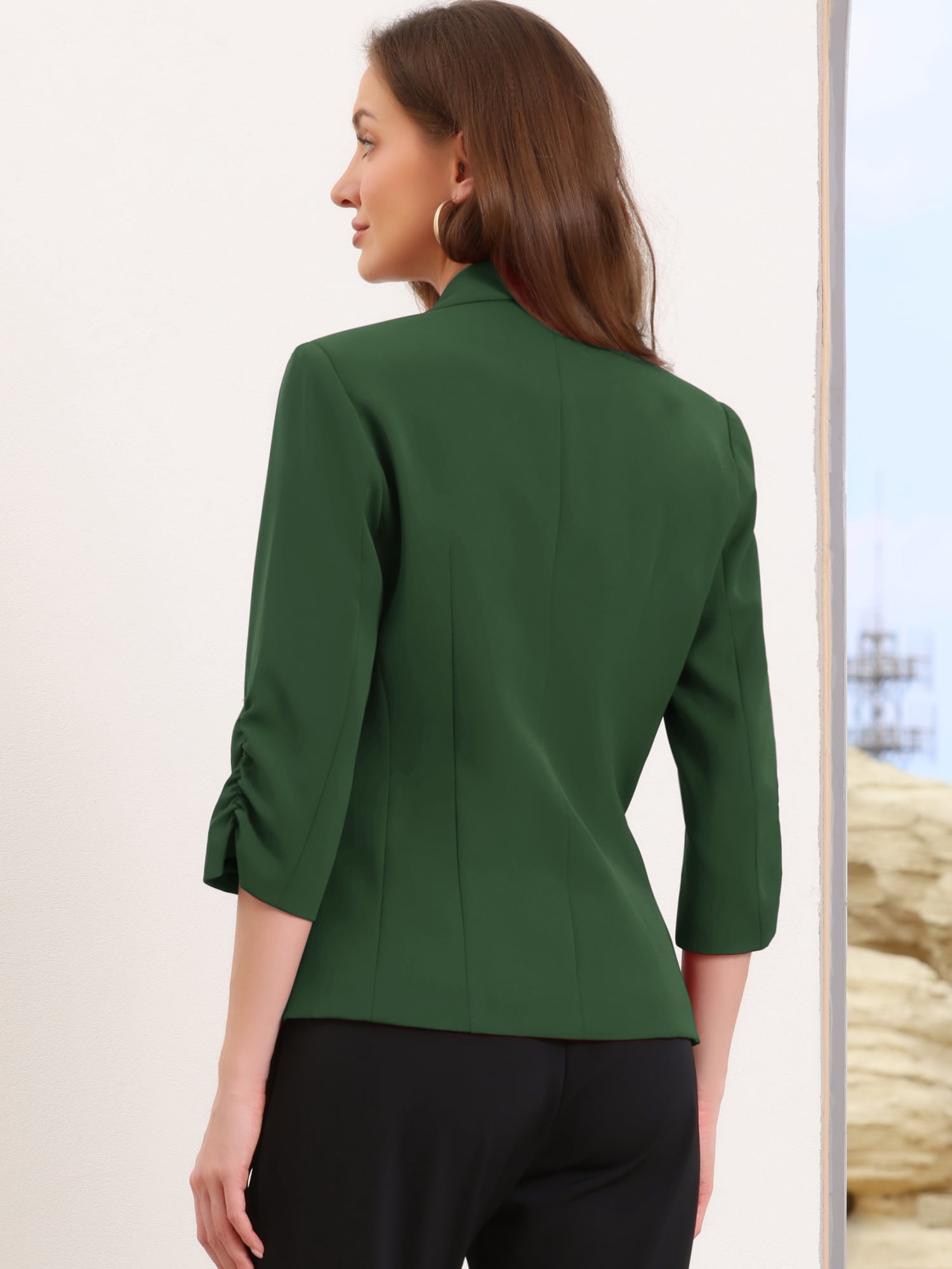 DARING DIVA Women's 3/4 Sleeve Shawl Lapel Work Blazer with Pockets M Dark Green