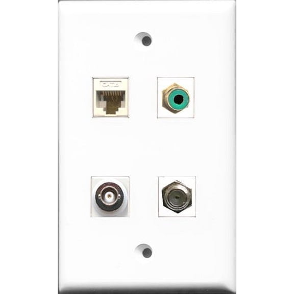 RiteAV 1 Port RCA Green and 1 Port Coax Cable TV- F-Type and 1 Port BNC and 1 Port Cat6 Ethernet White Wall Plate
