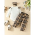 thumbnail image 4 of Wassery 3Pcs Infant Baby Girls Fall Outfit 3 6 9 12 18 Months Newborn Long Sleeve Romper Tops + Plaid Long Pants Headband Casual Pullover, 4 of 9