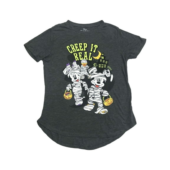 Disney Womens (Jrs)  Gray Mickey & Minnie Mouse Halloween Tee Shirt Small
