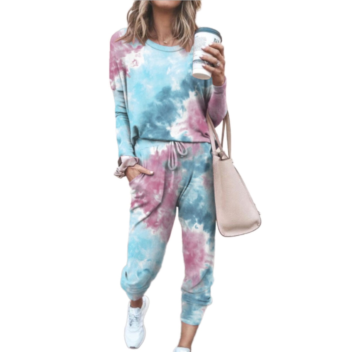 Women 2 Pieces Sweatsuit Set Casual Tie Dye Print Long Sleeve Top