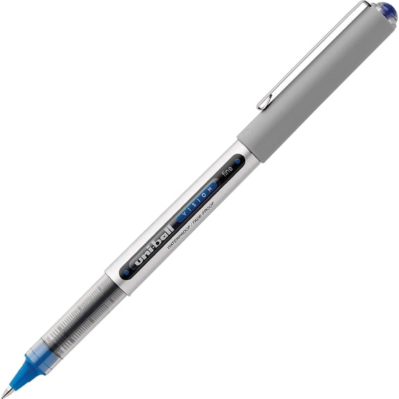 uni-ball® Vision™ Rollerball Pens, Fine Point, 0.7 mm, Gray Barrel, Blue Ink, Pack Of 12