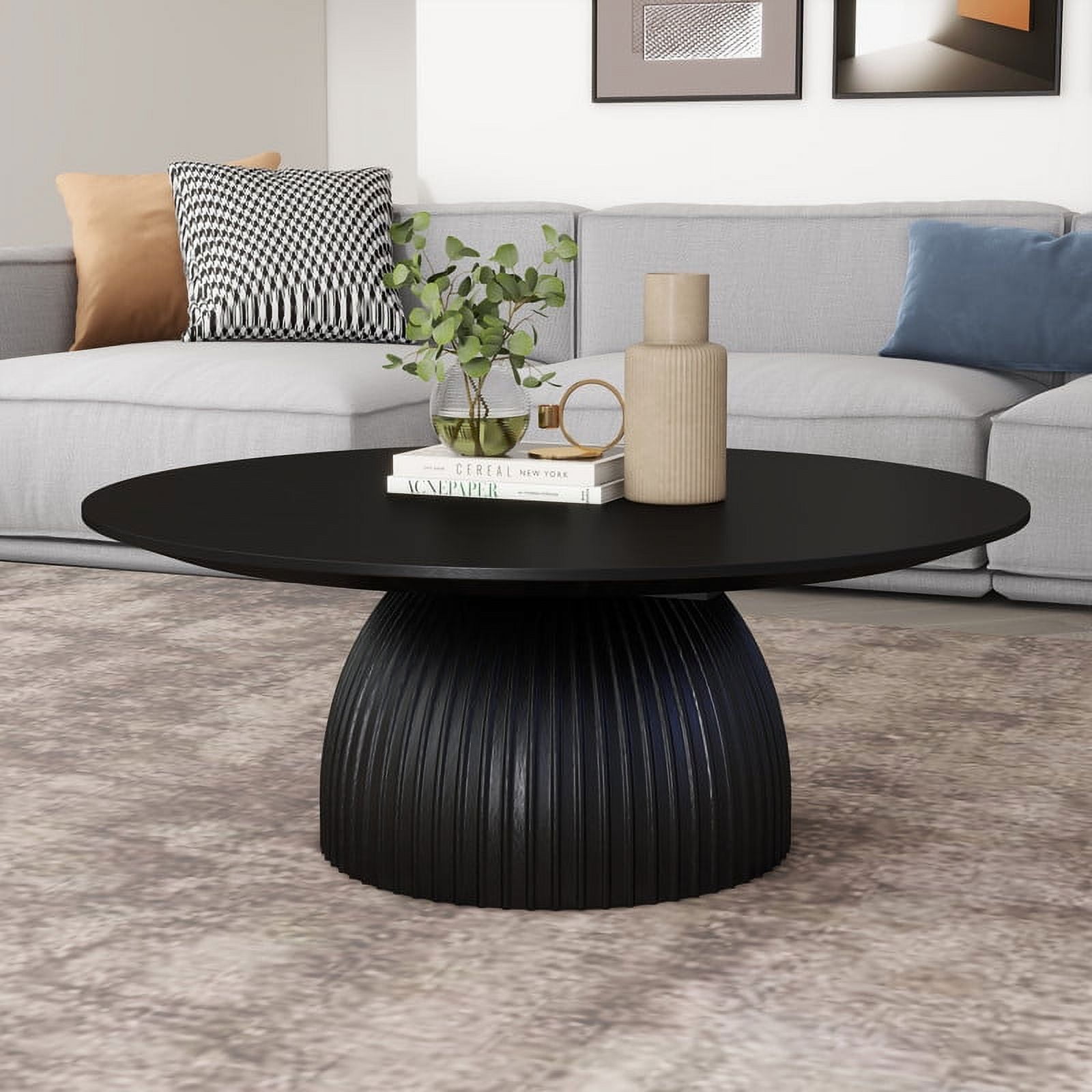 SHYFOY Round Solid Wood Coffee Table Black Pedestal Center Table for Living Room Furniture