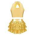 thumbnail image 2 of iEFiEL Girls 2Pcs Dance Outfit Sparkle Sequins Crop Top with Ruffles Skirted Shorts Carnival Performance Costume Gold 14, 2 of 5