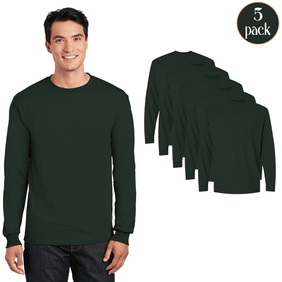 Gildan Men's DryBlend Long Sleeve T-Shirt, Crewneck Cotton Blend Solid Tee, Forest Green, 5-Pack, S