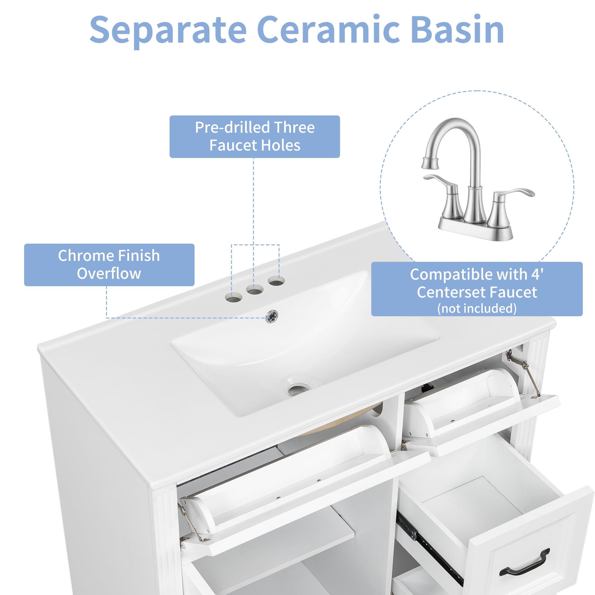 Euroco 36 Inch Bathroom Vanity with Sink, Cabinet with 4 Drawers, Soft-Close Door & Adjustable Shelf, Ceramic Basin, Modern Storage Vanity for Bathroom Organization, White Finish