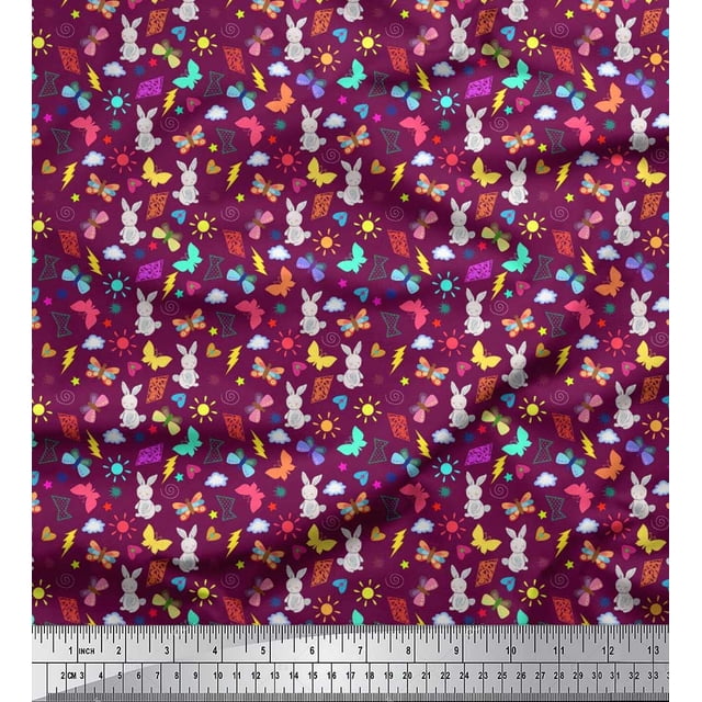 Soimoi Pink Poly Georgette Fabric Sun,Insect & Rabbit Cartoon Fabric Prints by Yard 42 Inch Wide