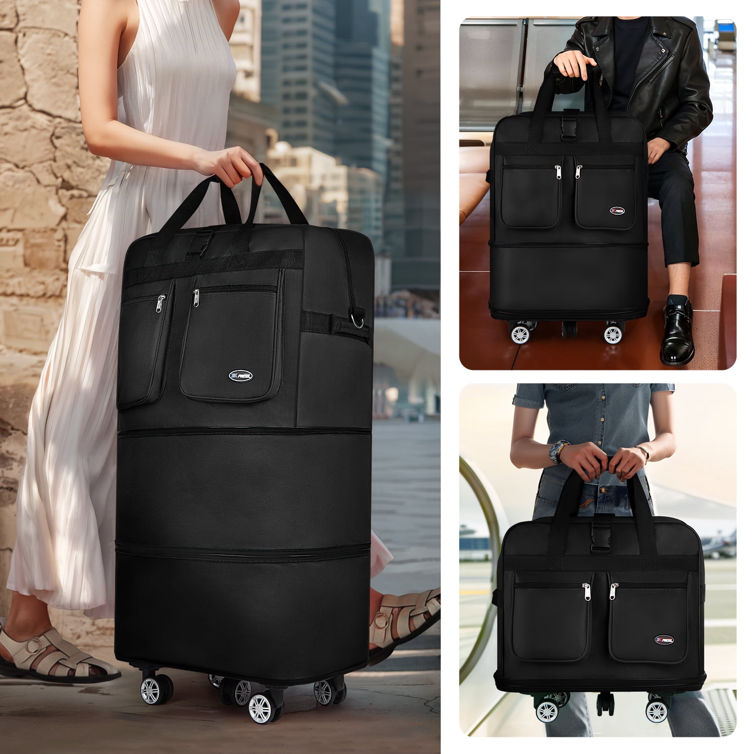 36" Expandable Foldable Luggage Bag,Collapsible Suitcases with Wheels,Rolling Duffle Bag Wheeled Travel Bag for Men Women,MEX-Black