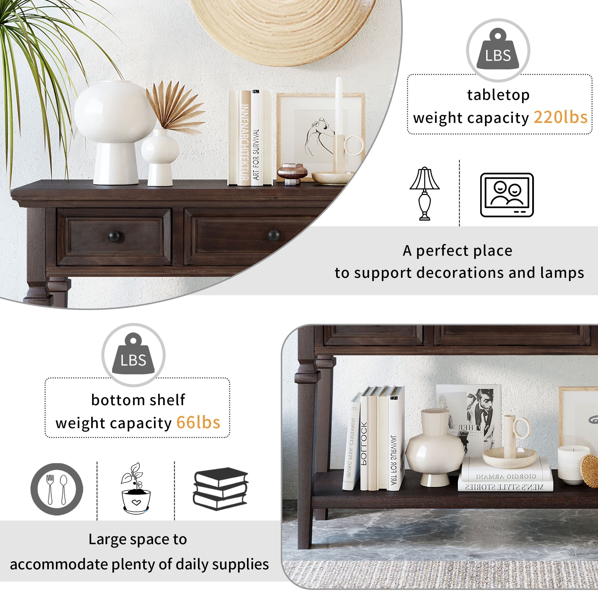 PORKISS 50" Console Table with 3 Storage Drawers, Narrow Long Entryway Table with Bottom Shelf, Vintage Sofa Table with Wood Frame for Living Room/Entryway/Hallway/Foyer, Espresso