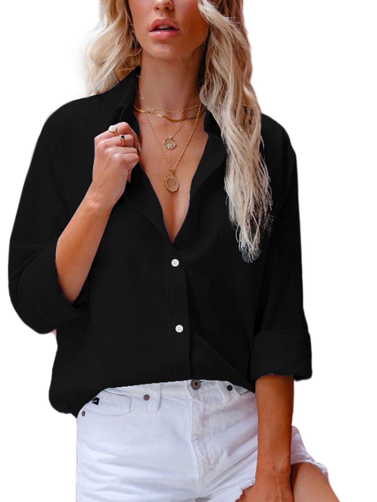 Womens Casual Button Down V-Neck Long Sleeve Collared Cotton Linen Blouse Tops with Pockets 