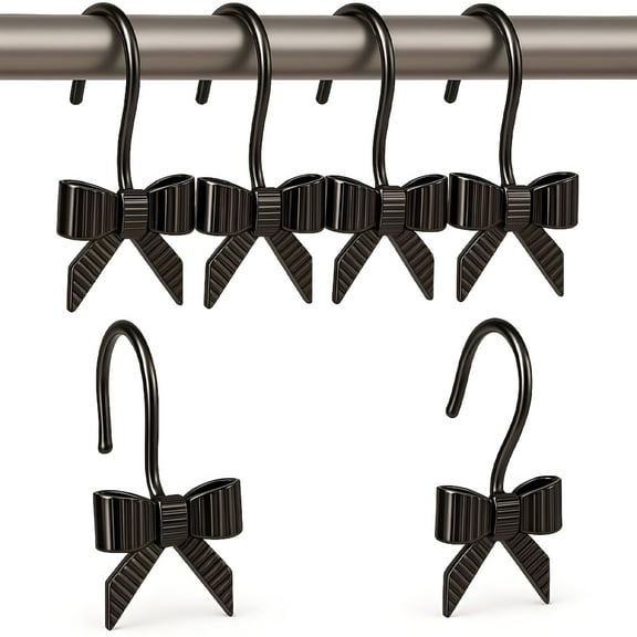 AUQ Set of 12 Metal Shower Hooks, Black Bow Decorative, Rust Proof Rings for Bathroom Curtains