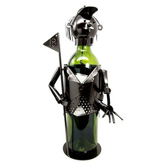 Atlantic Collectibles Golf Player With Ball Pipe And 18th Hole Flag Hand Made Metal Wine Bottle Holder Caddy Decor Figurine