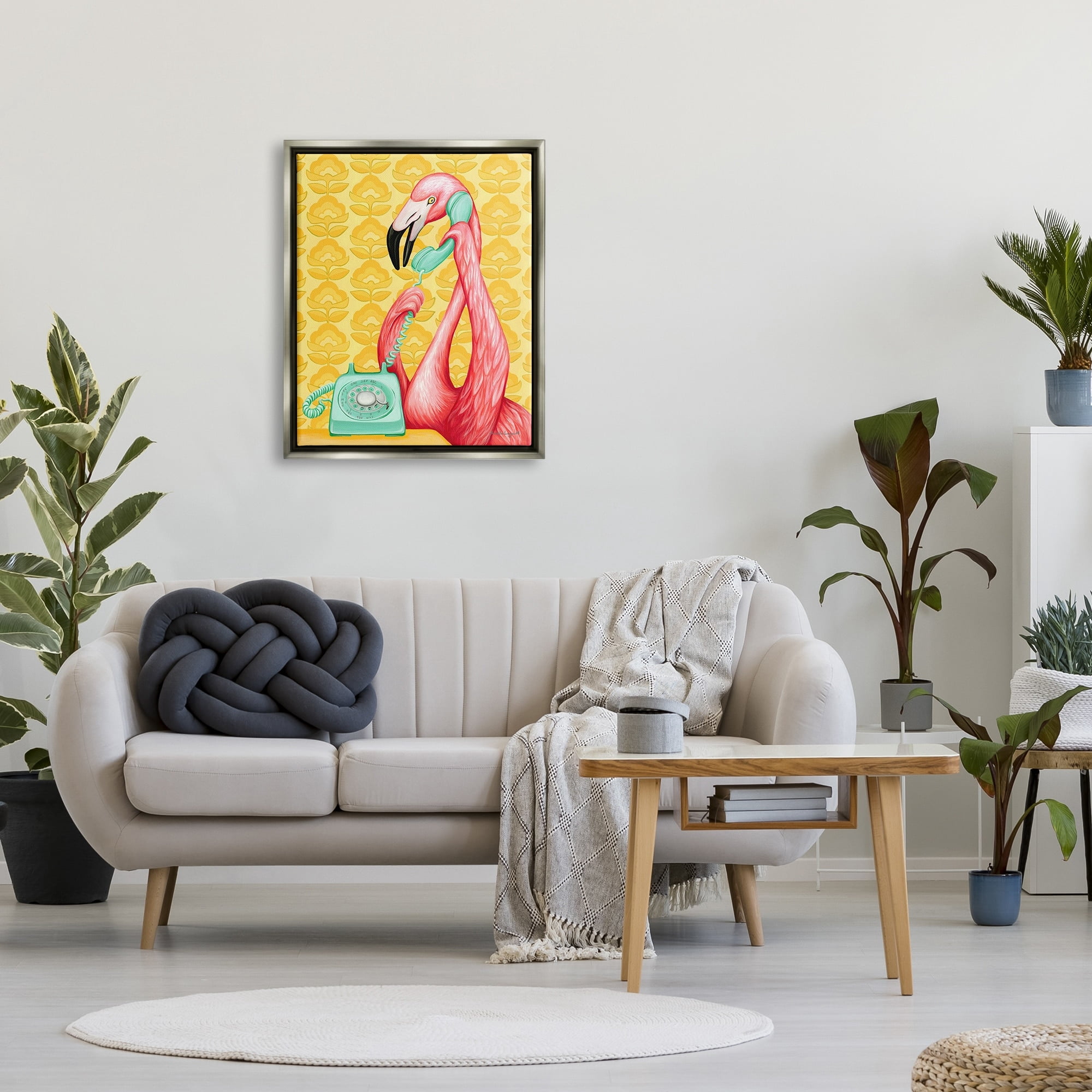 Stupell Industries Flamingo Calling Dial Telephone Groovy Flowers Wallpaper Graphic Art Luster Gray Floating Framed Canvas Print Wall Art, Design by Amelie Legault