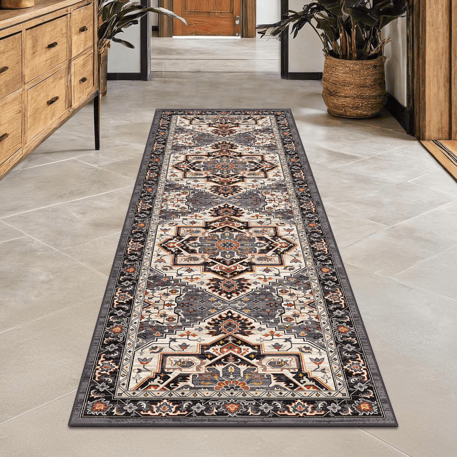 TECHVIDA 2'x6' Hallway Runner Rug Boho,Non Slip Machine Washable Rugs for Hallway Kitchen,Brownish Black