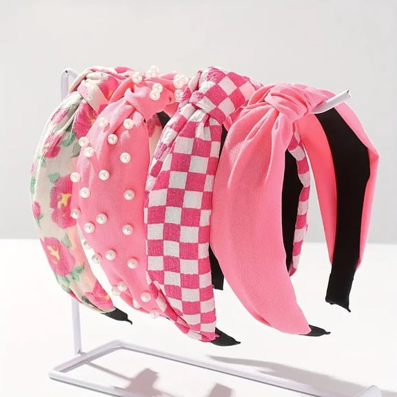 JL Hot Pink Headbands for Women Girls, 4 Packs Cute Flower Printed Knotted Head Bands for Women’ s Hair, Non Slip Fashion Wide Top Knot Womens Hairbands, Girls Pink Trendy Stuff Hair Accessories