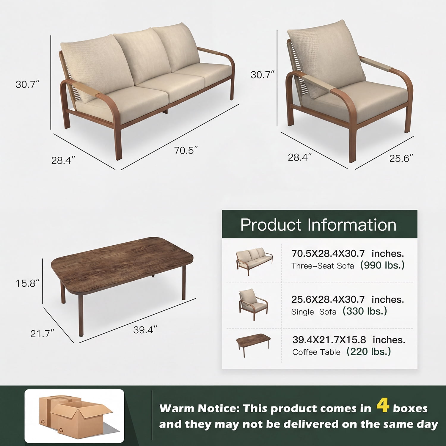 CozyJoy Aluminum 4-Piece Patio Sofa Set, Beige