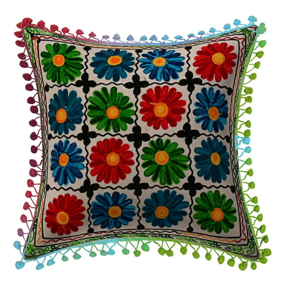 Stylo Culture Ethnic Sofa Throw Pillow Cover 16x16 Suzani Embroidered Multi Color Indian 40cm x 40cm Pom Pom Lace Cotton Floral Square Cushion Cover | 1 Pc