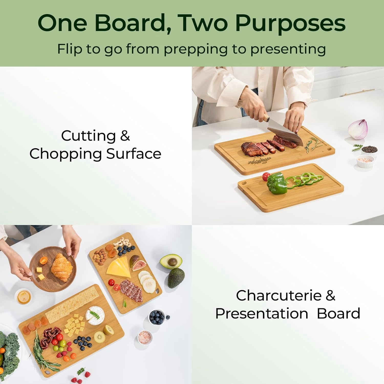 Keechee 2-Piece Bamboo Cutting Board Set with Juice Groove, 15"x10" and 12"x8"