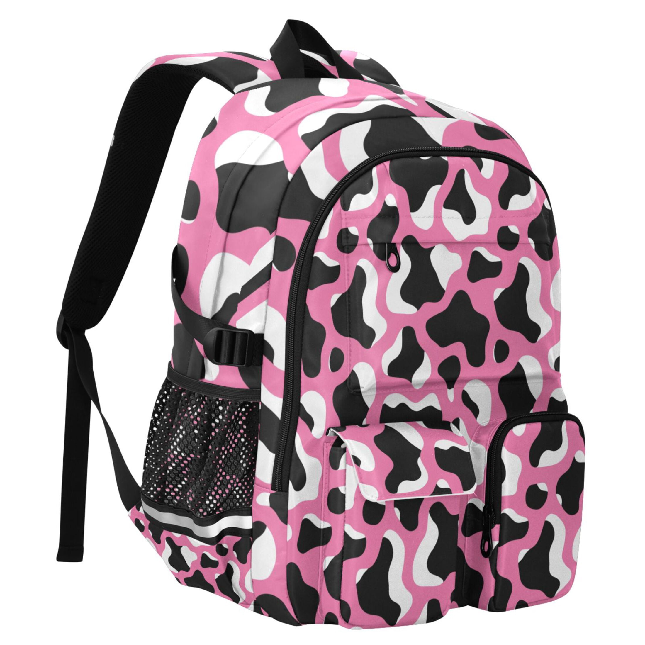 DIXRUYEE Pink Background Cow Print Pattern Backpack for School 14”Laptop Compatible with Reflective Safety Strips
