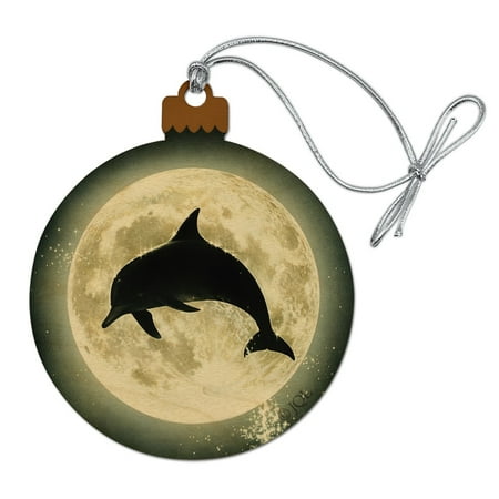 Dolphin Jumping Moon Ocean Night Silhouette Wood Christmas Tree Holiday Ornament