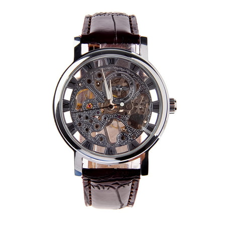 Winner Men's Self-winding Mechanical Skeleton Auto Wrist Watch - Silver Dial+Coffee