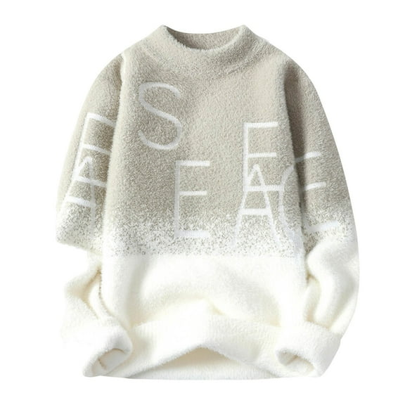 TFEOQRY Men's Mock Neck Gradient Sweater Letter Print Long Sleeve Thicken Casual Pullover Fall Winter Top Beige