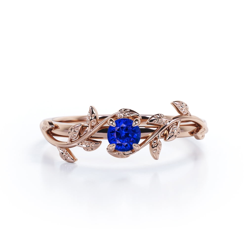 JeenMata Botanical Design - 0.50 Carat Round Shaped Lab-Created Blue Sapphire - Solitaire Engagement Ring - 18K Rose Gold Plating over Silver