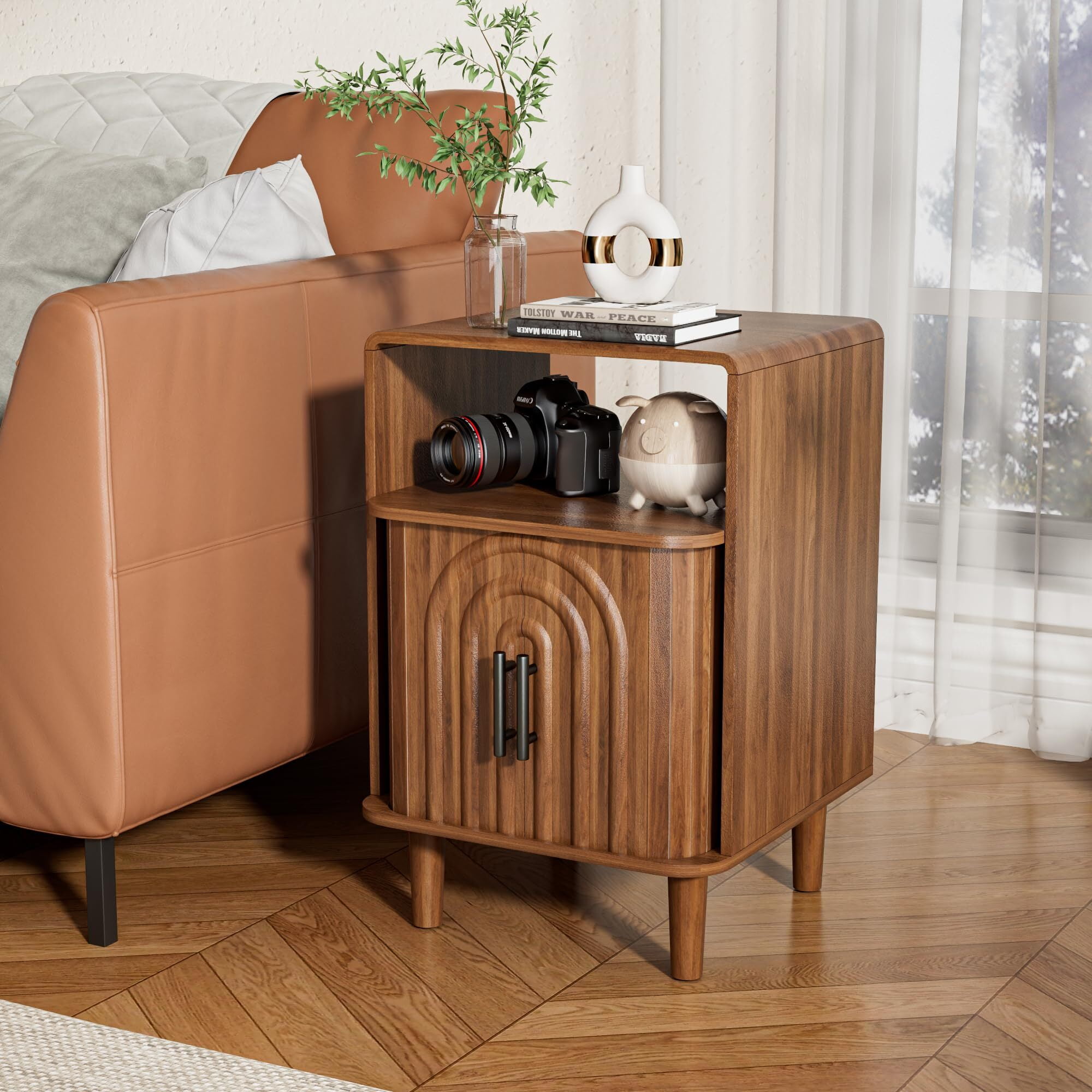 Mid Century Nightstand Set of 2, Fluted Bedside Tables with Storage, Small Vintage End Tables for Bedroom, Walnut